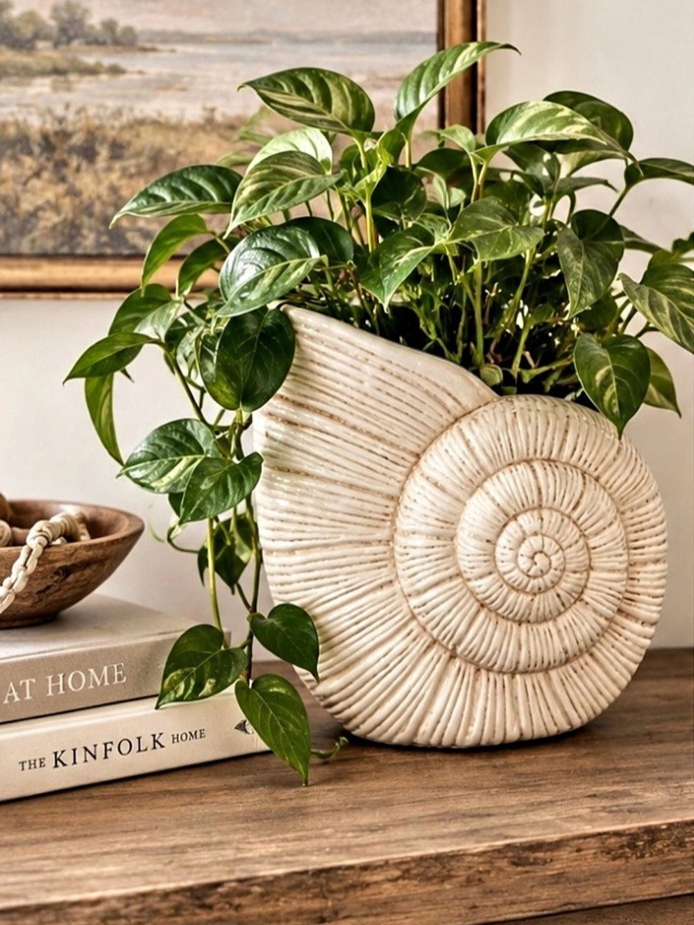 Shell Planter Decor in Cream Tan Nautilus Coastal Tabletop Accent 10 x 8”